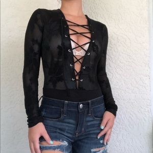 Black long sleeve mesh lace front body suit